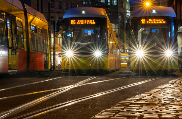 istock Tram in city at night 1463407443