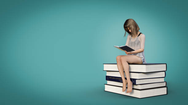 istock 3d illustration. Woman reading a book while sitting on stack of books. 3D render 1463408101