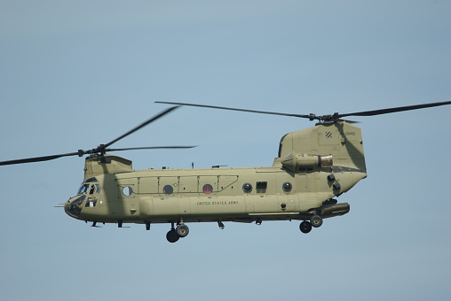 CH47F Chinook US Army Fly by  during military exercise ATLANTIC RESOLVE, Rotterdam Harbour, the netherlands, holland
