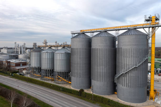 istock Industrial storage or silo tanks in a row with copy space above 1463410372