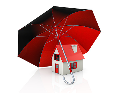 Home security and protection concept. House under umbrella, 3D rendering