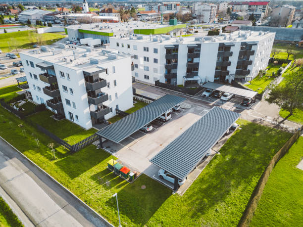 istock Two new residential buildings with covered parking spaces 1463410818