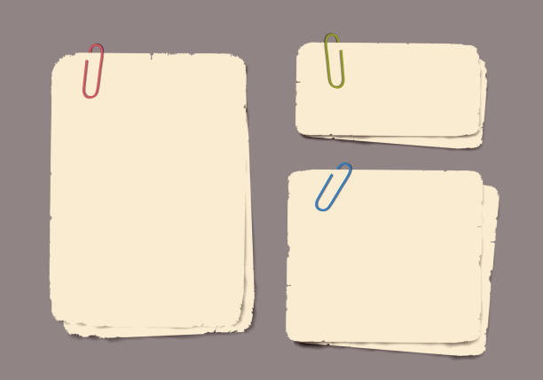 illustrazioni stock, clip art, cartoni animati e icone di tendenza di set di realistiche carte vintage strappate e graffette con ombra su sfondo trasparente. - graffette