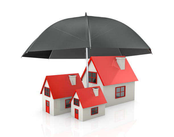 istock Home security and protection concept. House under umbrella, 3D rendering 1463410929