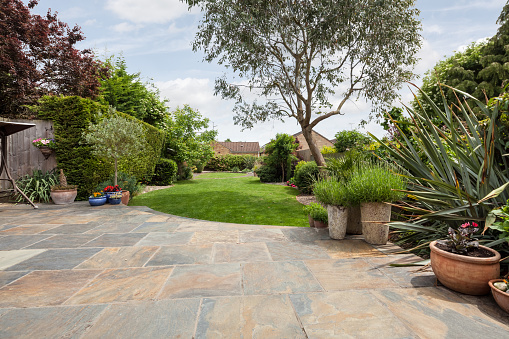 Cambridge, England - June 1 2018: Landscaped suburban patio garden and lawn