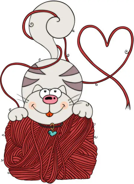 Vector illustration of Funny cat with hank of red wool