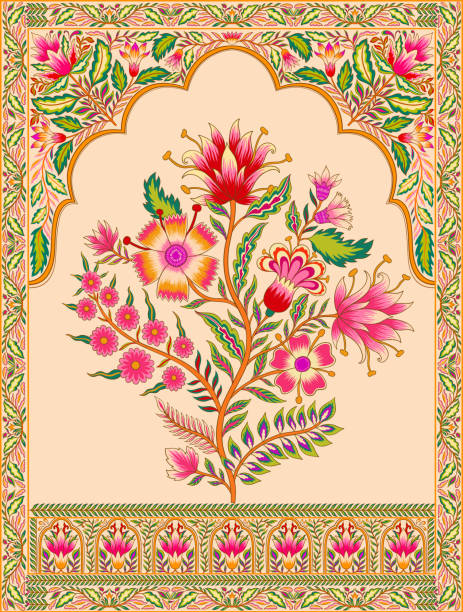 mughal blumen traditionelles ornament mit einem bogen und einem motivrand. recycelte ethnische indische miniatur. - ancient arabic style arch architecture stock-grafiken, -clipart, -cartoons und -symbole