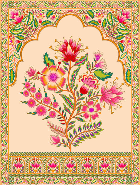 Mughal floral traditional ornament with an arch and a motif borders. Recycled ethnic Indian miniature. Beautiful flower ligament located in the arch. Design for an invitation, wall design, cover and more.Vector illustration design. old indian stock illustrations