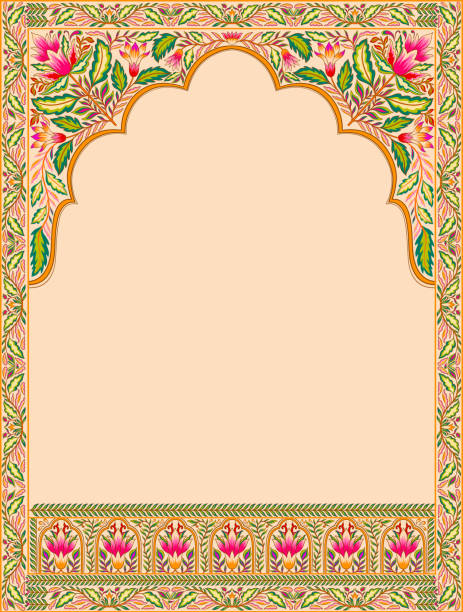 Mughal floral traditional ornament with an arch and a motif borders. Recycled ethnic Indian miniature. Mughal floral traditional ornament with an arch and a motif borders. Recycled ethnic Indian miniature. Vector illustration design. mughal empire stock illustrations
