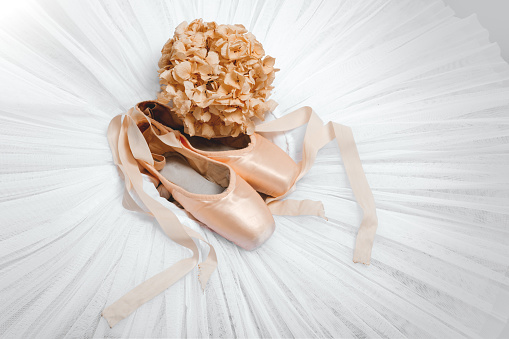 Professional ballet shoes with ribbons on white tutu. Professional ballet outfit. Large and small pointe shoes