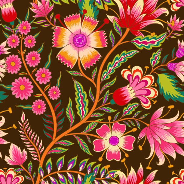 Beautiful floral romantic seamless pattern in Jacobean style.The ornament is also inspired by Mughal art.The design depicts a bunch of fantasy flowers a textile Indian style. Beautiful floral romantic seamless pattern in Jacobean style.The ornament is also inspired by Mughal art.The design depicts a bunch of fantasy flowers a textile Indian style.Vector illustration mughal empire stock illustrations
