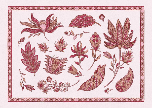 Set of Indian traditional ornament elements. Ethnic oriental motif of Asian culture.Viva magenta color isolated in white background. Set of Indian traditional ornament elements. Ethnic oriental motif of Asian culture.Viva magenta color isolated in white background.Vector illustration. mughal empire stock illustrations