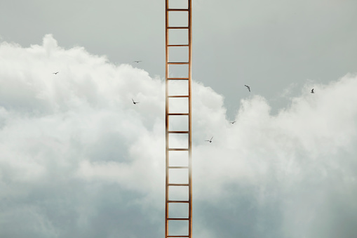 surreal ladder goes up in the sky to success, concept of business and travel to freedom