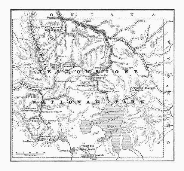 illustrazioni stock, clip art, cartoni animati e icone di tendenza di mappa del parco nazionale di yellowstone, usa, incisione xilografica, pubblicata nel 1899 - montana map old cartography