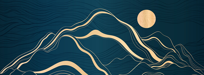 A minimalistic banner with mountains and an art deco style. Smooth gold lines on a dark blue prestigious background. Vector illustration.