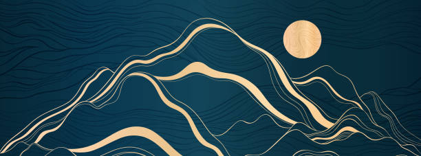 A minimalistic banner with mountains and an art deco style. Smooth gold lines on a dark blue prestigious background. A minimalistic banner with mountains and an art deco style. Smooth gold lines on a dark blue prestigious background. Vector illustration. mountain borders stock illustrations