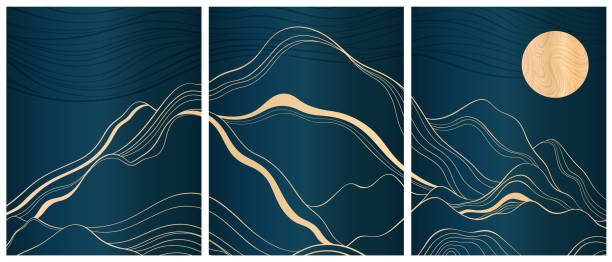 istock A minimalistic cards with mountains and an art deco style. Smooth gold lines on a dark blue background. 1463414947