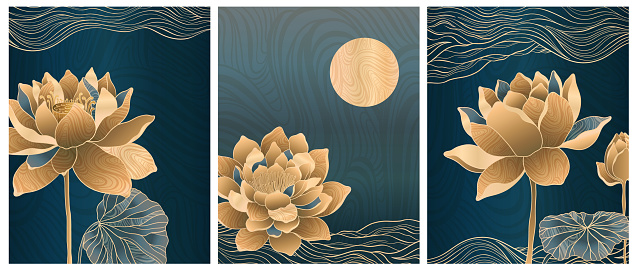 A minimalistic cards flower lotus with mountains and an art deco style. Smooth gold lines on a dark blue prestigious background. Vector illustration.