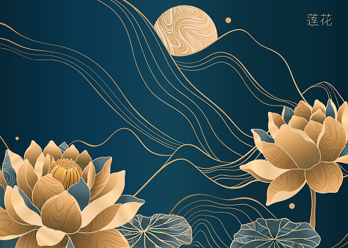 Luxurious landscape design. Lotuses against the backdrop of mountains and the moon. Elegant style in gold and blue. Suitable for invitation, banner and more.Vector illustration.