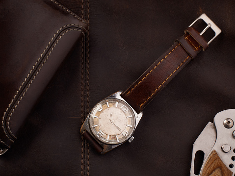 Classic vintage wristwatch with brown leather strap