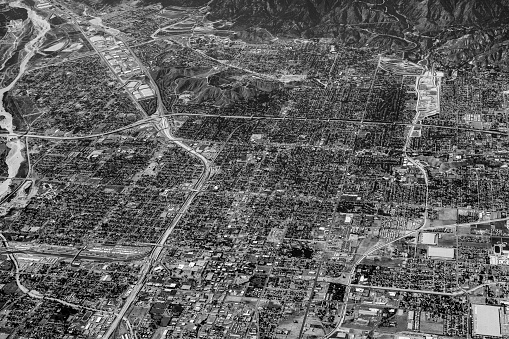 aerial of Los Angeles downtown in black and white