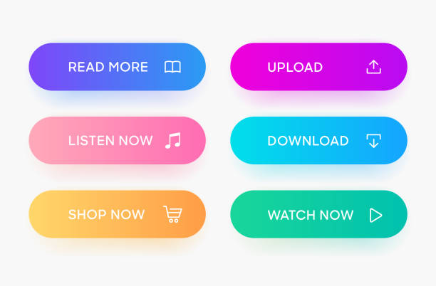 ilustrații de stoc cu 3d click aici butoane web. set de buton de acțiune, cursorul de mână și săgeată care indică faceți clic pe butoanele link-ul. adăugați în coș, cumpărați acum, descărcați butoanele. pictograme de cumpărături online pentru site-ul ui ux, ap - buton