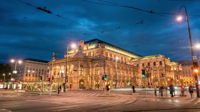 Time Lapse Sunset Scene of Traffic Road and People Walking at front of The Vienna State Opera, Vienna, Austria