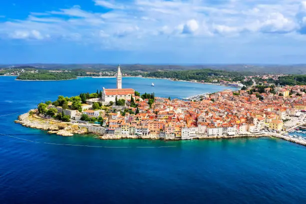 Rovinj, Croatia. Aerial view of the town on the west coast of the Istrian peninsula.