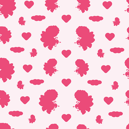 Seamless cute pattern with cupids and angels on a pink background. Valentine card with bow and arrows. Vector cartoon for children's clothing, packaging, postcards. Valentine's day, wedding. Silhouett