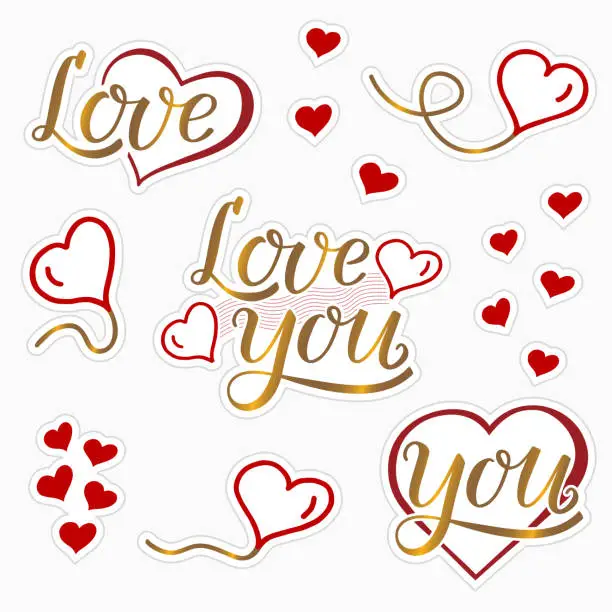 Vector illustration of A set of stickers with a love theme in gold and red. Handwritten hearts and heart balloons.