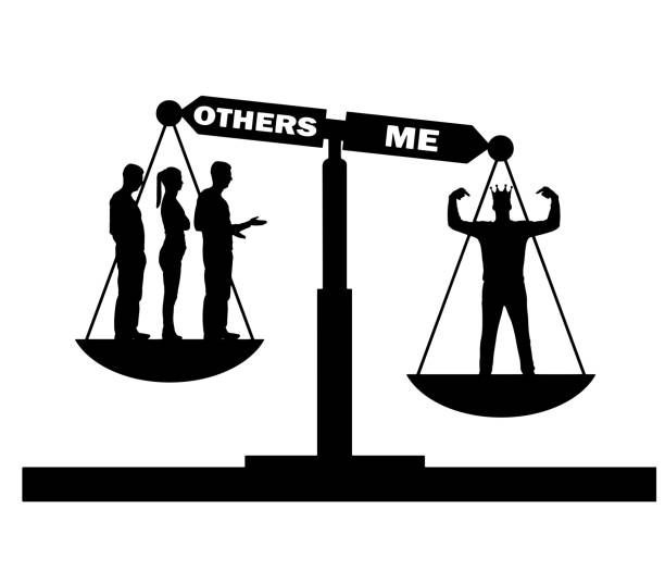 istock Selfish man with a crown considers himself better than a crowd on the scales of justice. Vector silhouette. 1463427320