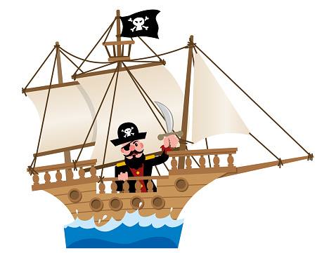 Vector Illustration of a Cute Cartoon Pirate Inside his Sailing Ship Nautical Vessel