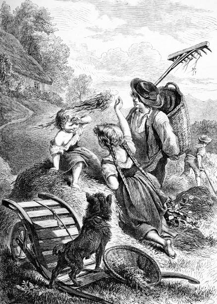 Vintage engraving, harvest time, kids playing with hay in the field