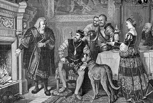 XVI century, Holy Emperor Charles V and king of Spain in Augsburg at home of Anton Fugger, powerful German merchant, vintage print