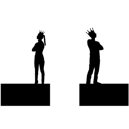 Precipice between a selfish man and a woman with a crown on his head, they stand with their backs to each other. Vector Silhouette. Concept of selfishness and arrogance in relationships