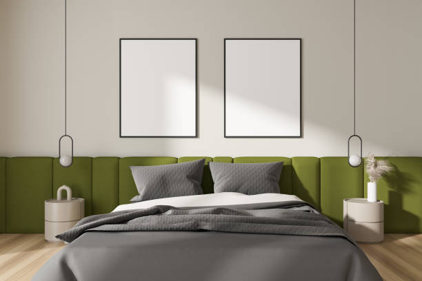istock Light bedroom interior with bed and nightstand with decor. Mockup frames 1463435795