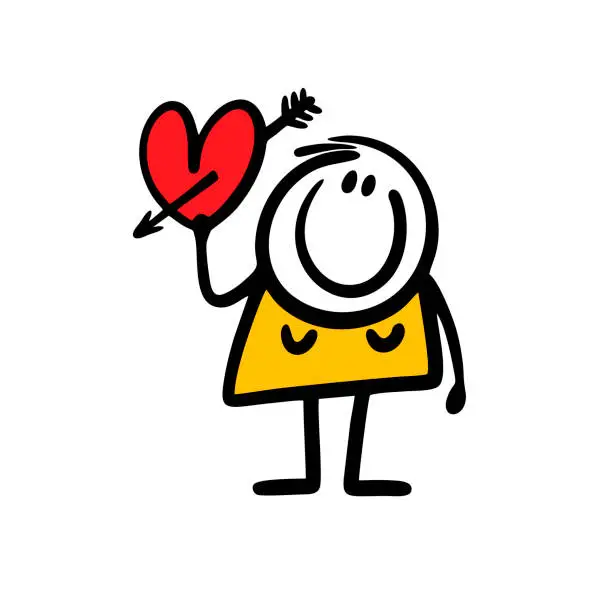 Vector illustration of Cartoon female character holds red heart with arrow in rising up hand.