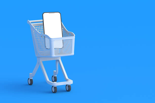 istock Mobile phone, smartphone in market cart. Copy space. 3d render 1463435969