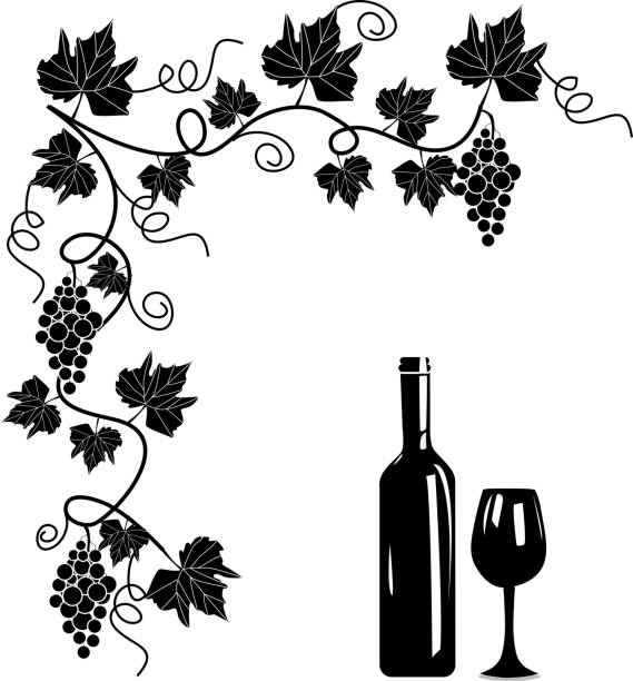 ilustrações de stock, clip art, desenhos animados e ícones de grapes vine with wine bottle and wine glass - berry vine