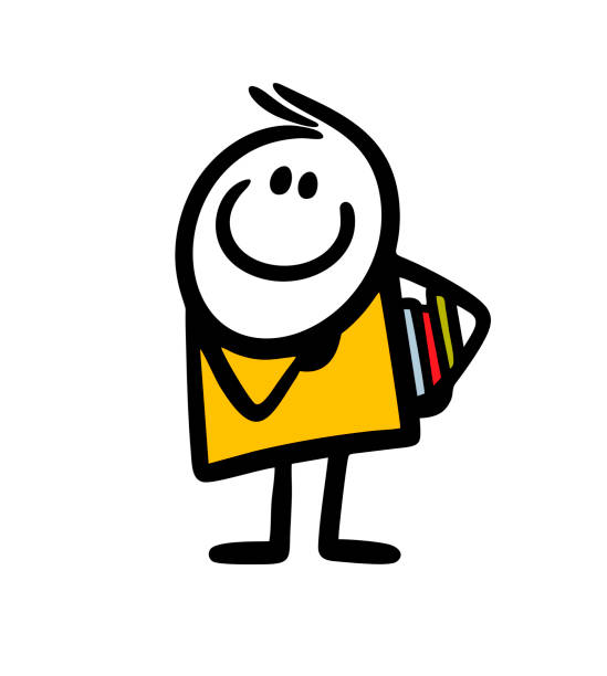 Cute stickman books worm going from library to study lesson. Cute stickman books worm going from library to study lesson. Vector illustration of smart cartoon boy reader. stick figure book stock illustrations