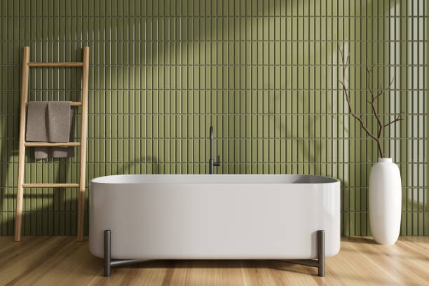 istock Front view on bright bathroom interior with large bathtub 1463436869