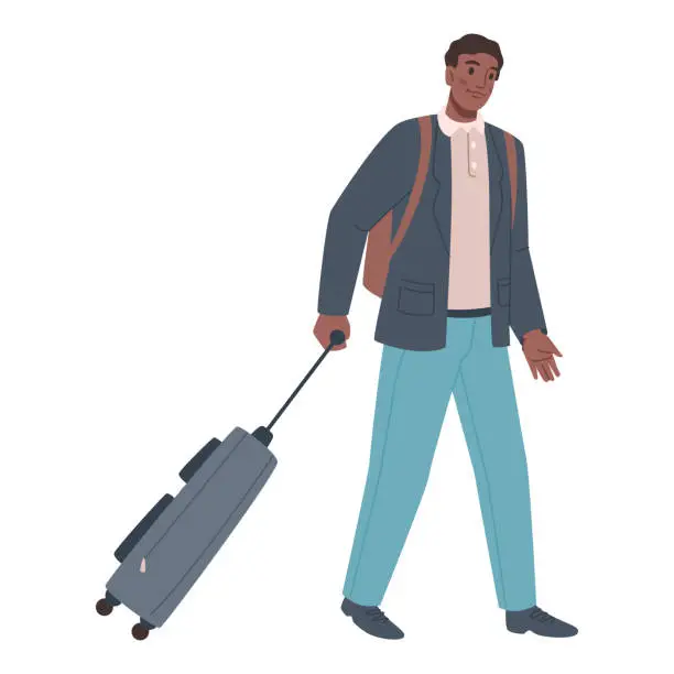 Vector illustration of Traveling or commuting male character, isolated man pulling luggage. Personal belongings in leather bag with handle and safety lock. Vector in flat style