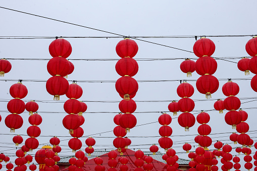 Red lanterns hanging for Chinese New Year celebration.