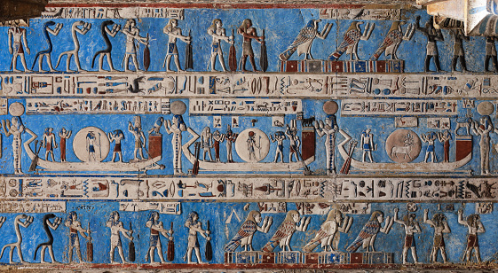 Beautiful Pharaoh's wife dances for him in the throne room full of pillars of Egypt's Old Kingdom.