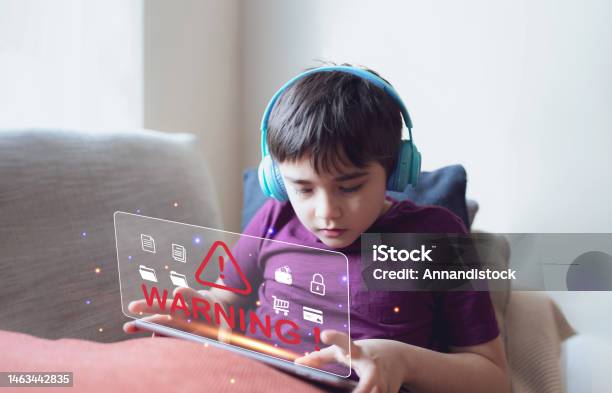 Attack Homework School Kid Doing Homework On Tablet And Receiving Warning Triangle Sign ...