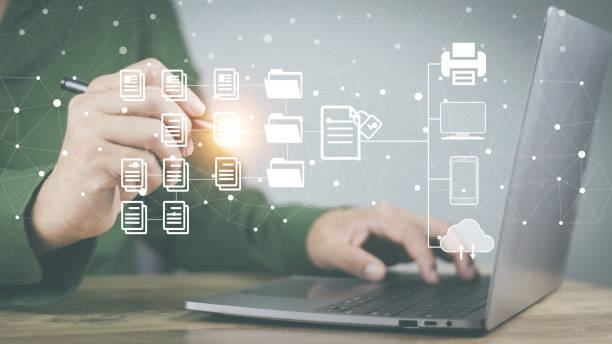 istock Document Management System concept business man show documents online with a secure storage system and convenient Can work more conveniently to increase the efficiency of work in the organization. 1463443491