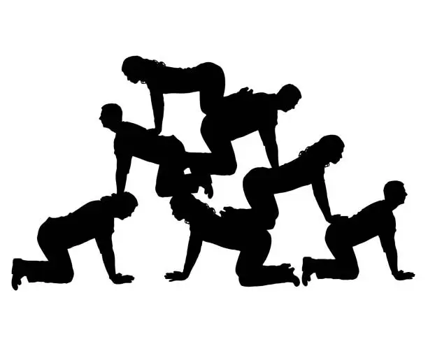 Vector illustration of A crowd of people climb on top of each other. Vector silhouett.