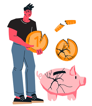 Bankruptcy and money loss concept, vector illustration isolated on white. Man with a broken piggy bank. Financial crisis, budget exhaustion and depreciation of savings due to inflation.