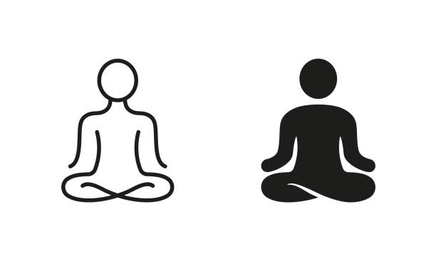 yoga position silhouette und linie symbol set. meditieren sie entspannendes piktogramm. spirituelle chakra zen ikone. ruhige aura-galaxie gelassenheit und gesundheit körper. bearbeitbarer strich. isolierte vektordarstellung - yoga stock-grafiken, -clipart, -cartoons und -symbole