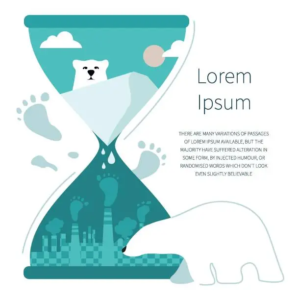 Vector illustration of Hourglass with polar bear and urban city emissions co2. The glacier melt, climate change animals die out. STOP GLOBAL WARMING.  Vector illustration  with carbon footprint.